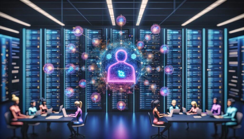 Futuristischer Serverraum mit leuchtendem holographischem Webflow-Builder, vernetzten Datenknoten und internationalen Entwickler-Avataren bei gemeinsamer Arbeit.