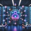 Futuristischer Serverraum mit leuchtendem holographischem Webflow-Builder, vernetzten Datenknoten und internationalen Entwickler-Avataren bei gemeinsamer Arbeit.