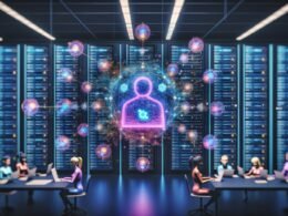 Futuristischer Serverraum mit leuchtendem holographischem Webflow-Builder, vernetzten Datenknoten und internationalen Entwickler-Avataren bei gemeinsamer Arbeit.