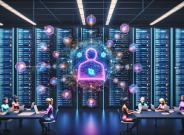 Futuristischer Serverraum mit leuchtendem holographischem Webflow-Builder, vernetzten Datenknoten und internationalen Entwickler-Avataren bei gemeinsamer Arbeit.