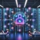 Futuristischer Serverraum mit leuchtendem holographischem Webflow-Builder, vernetzten Datenknoten und internationalen Entwickler-Avataren bei gemeinsamer Arbeit.