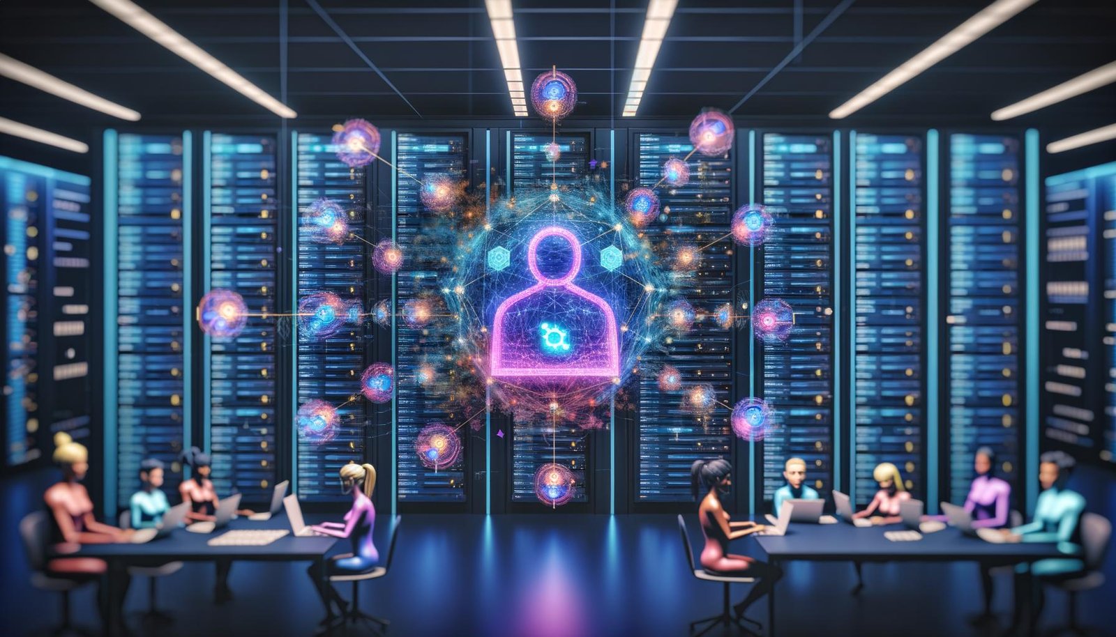 Futuristischer Serverraum mit leuchtendem holographischem Webflow-Builder, vernetzten Datenknoten und internationalen Entwickler-Avataren bei gemeinsamer Arbeit.