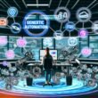 Creator am futuristischen Schreibtisch, umgeben von automatisierten digitalen Workflows und Tools wie Zapier, Make.com, Buffer und Notion, mit fließenden Datenströmen zu verschiedenen Plattformen.