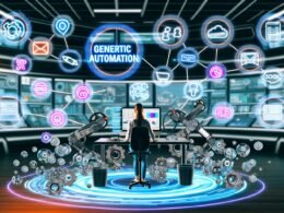 Creator am futuristischen Schreibtisch, umgeben von automatisierten digitalen Workflows und Tools wie Zapier, Make.com, Buffer und Notion, mit fließenden Datenströmen zu verschiedenen Plattformen.