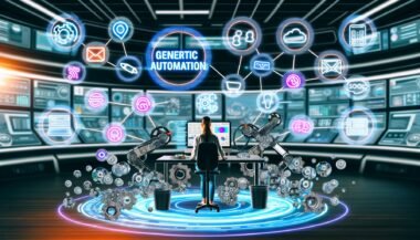 Creator am futuristischen Schreibtisch, umgeben von automatisierten digitalen Workflows und Tools wie Zapier, Make.com, Buffer und Notion, mit fließenden Datenströmen zu verschiedenen Plattformen.