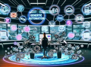 Creator am futuristischen Schreibtisch, umgeben von automatisierten digitalen Workflows und Tools wie Zapier, Make.com, Buffer und Notion, mit fließenden Datenströmen zu verschiedenen Plattformen.