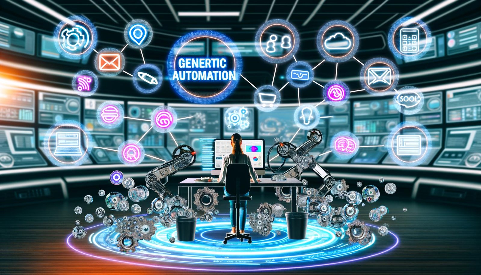 Creator am futuristischen Schreibtisch, umgeben von automatisierten digitalen Workflows und Tools wie Zapier, Make.com, Buffer und Notion, mit fließenden Datenströmen zu verschiedenen Plattformen.