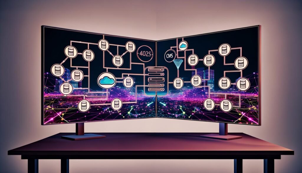 Zwei große Bildschirme auf einem modernen Schreibtisch: links ein Flussdiagramm dezentraler Headless CMS-Lösungen, rechts das Webflow-Frontend, verbunden durch digitale Datenflüsse. Im Hintergrund moderne Stadtsilhouette.