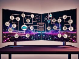 Zwei große Bildschirme auf einem modernen Schreibtisch: links ein Flussdiagramm dezentraler Headless CMS-Lösungen, rechts das Webflow-Frontend, verbunden durch digitale Datenflüsse. Im Hintergrund moderne Stadtsilhouette.