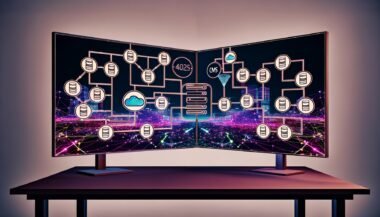 Zwei große Bildschirme auf einem modernen Schreibtisch: links ein Flussdiagramm dezentraler Headless CMS-Lösungen, rechts das Webflow-Frontend, verbunden durch digitale Datenflüsse. Im Hintergrund moderne Stadtsilhouette.