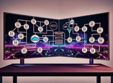 Zwei große Bildschirme auf einem modernen Schreibtisch: links ein Flussdiagramm dezentraler Headless CMS-Lösungen, rechts das Webflow-Frontend, verbunden durch digitale Datenflüsse. Im Hintergrund moderne Stadtsilhouette.