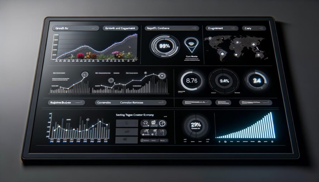 Modernes Dark-Mode-Dashboard mit klaren KPI-Grafiken, Umsatzdiagrammen, Conversion-Funnel und Echtzeit-Alerts für die Creator Economy.