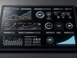 Modernes Dark-Mode-Dashboard mit klaren KPI-Grafiken, Umsatzdiagrammen, Conversion-Funnel und Echtzeit-Alerts für die Creator Economy.