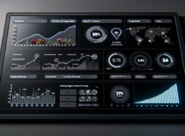 Modernes Dark-Mode-Dashboard mit klaren KPI-Grafiken, Umsatzdiagrammen, Conversion-Funnel und Echtzeit-Alerts für die Creator Economy.
