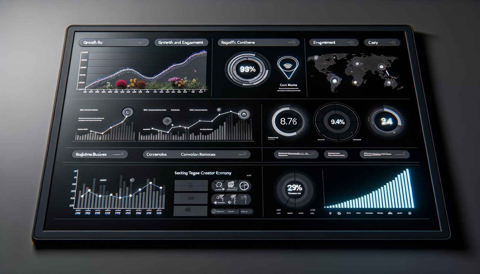 Modernes Dark-Mode-Dashboard mit klaren KPI-Grafiken, Umsatzdiagrammen, Conversion-Funnel und Echtzeit-Alerts für die Creator Economy.
