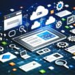 Modernes Editorial-Visual mit Webflow-Dashboard und digitalen Icons für Cloud, SEO, Komprimierung und verschiedene Endgeräte, verbunden durch Netzwerk-Linien auf dunklem Hintergrund.