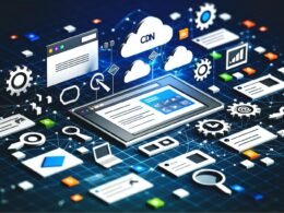 Modernes Editorial-Visual mit Webflow-Dashboard und digitalen Icons für Cloud, SEO, Komprimierung und verschiedene Endgeräte, verbunden durch Netzwerk-Linien auf dunklem Hintergrund.