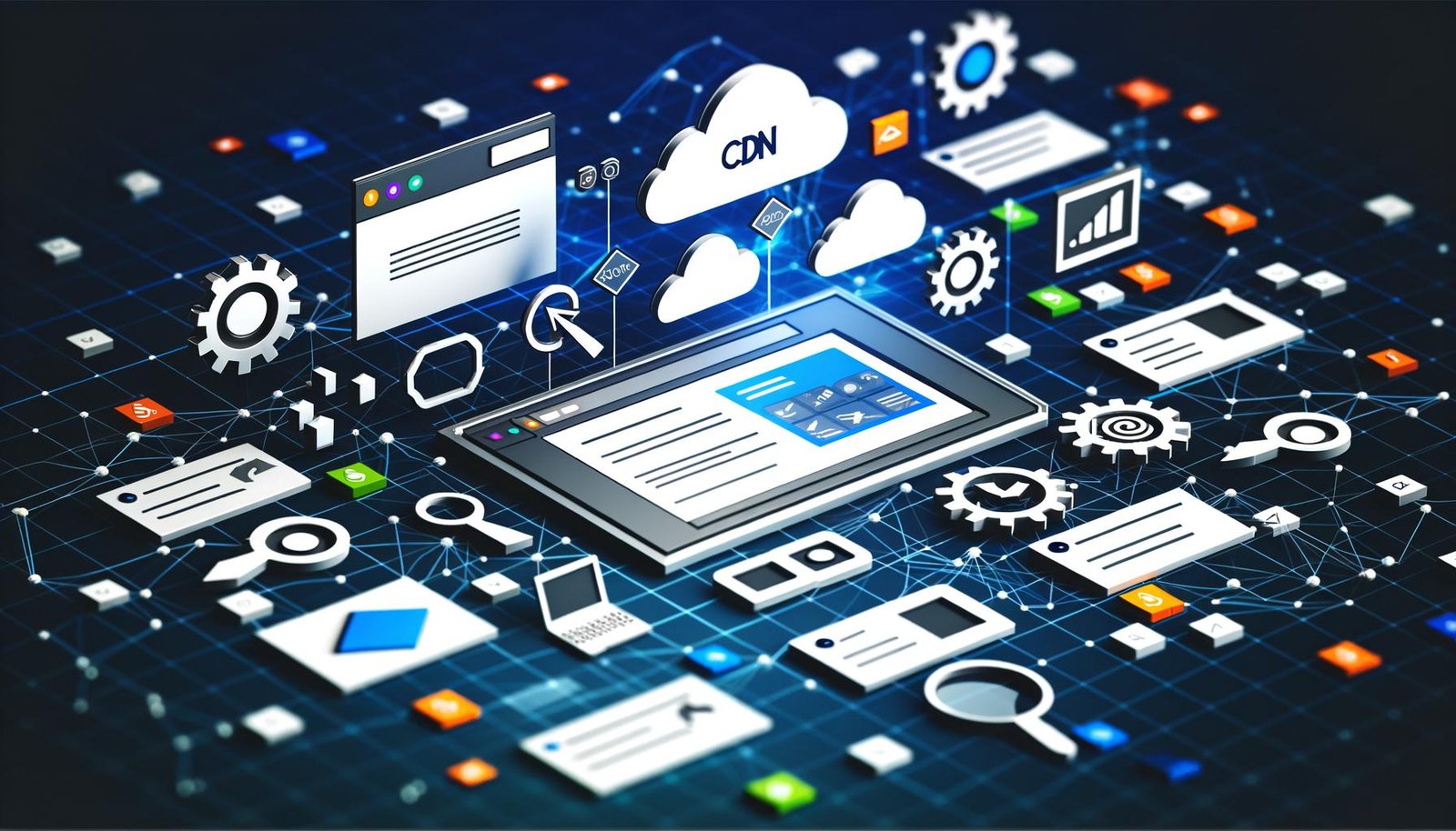 Modernes Editorial-Visual mit Webflow-Dashboard und digitalen Icons für Cloud, SEO, Komprimierung und verschiedene Endgeräte, verbunden durch Netzwerk-Linien auf dunklem Hintergrund.