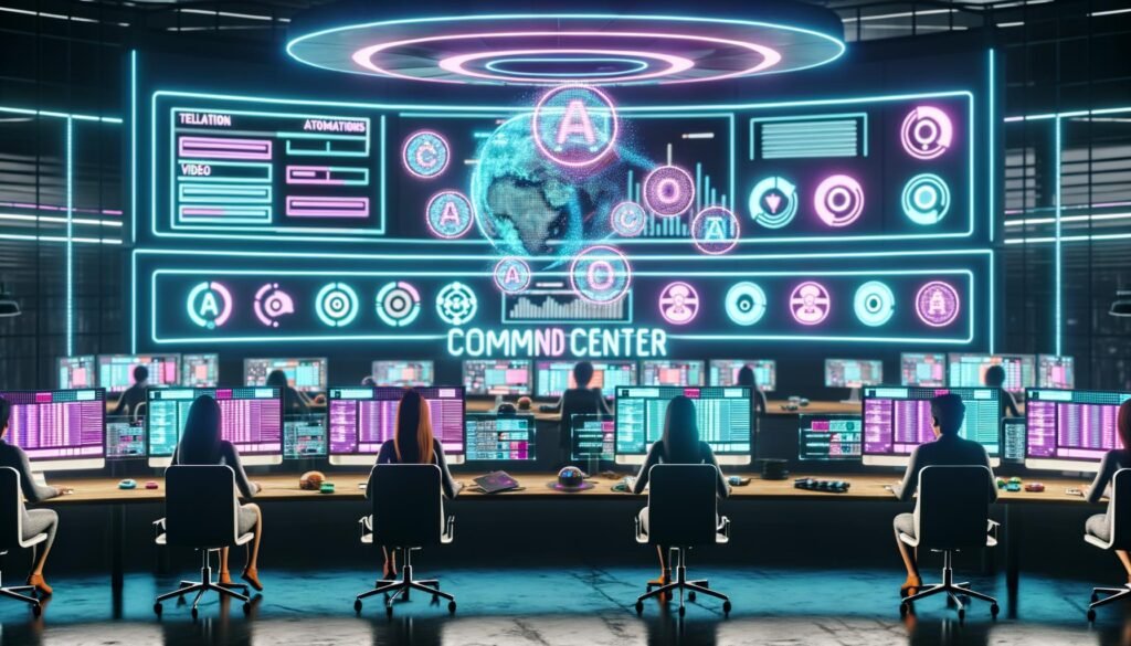 Futuristische Arbeitsumgebung mit Content Creators an Neon-beleuchteten, holografischen Interfaces in einer hochintegrierten, KI-gesteuerten Schaltzentrale für die Creator Economy 2025.