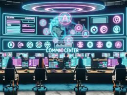 Futuristische Arbeitsumgebung mit Content Creators an Neon-beleuchteten, holografischen Interfaces in einer hochintegrierten, KI-gesteuerten Schaltzentrale für die Creator Economy 2025.