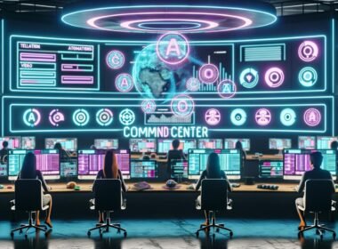 Futuristische Arbeitsumgebung mit Content Creators an Neon-beleuchteten, holografischen Interfaces in einer hochintegrierten, KI-gesteuerten Schaltzentrale für die Creator Economy 2025.