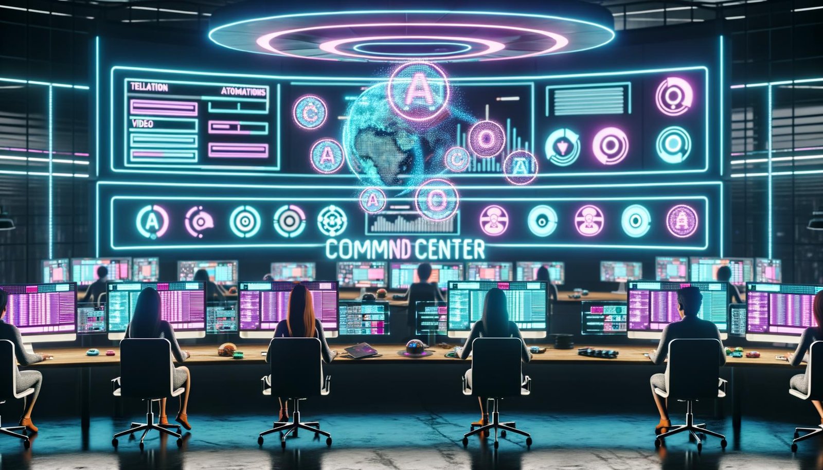 Futuristische Arbeitsumgebung mit Content Creators an Neon-beleuchteten, holografischen Interfaces in einer hochintegrierten, KI-gesteuerten Schaltzentrale für die Creator Economy 2025.