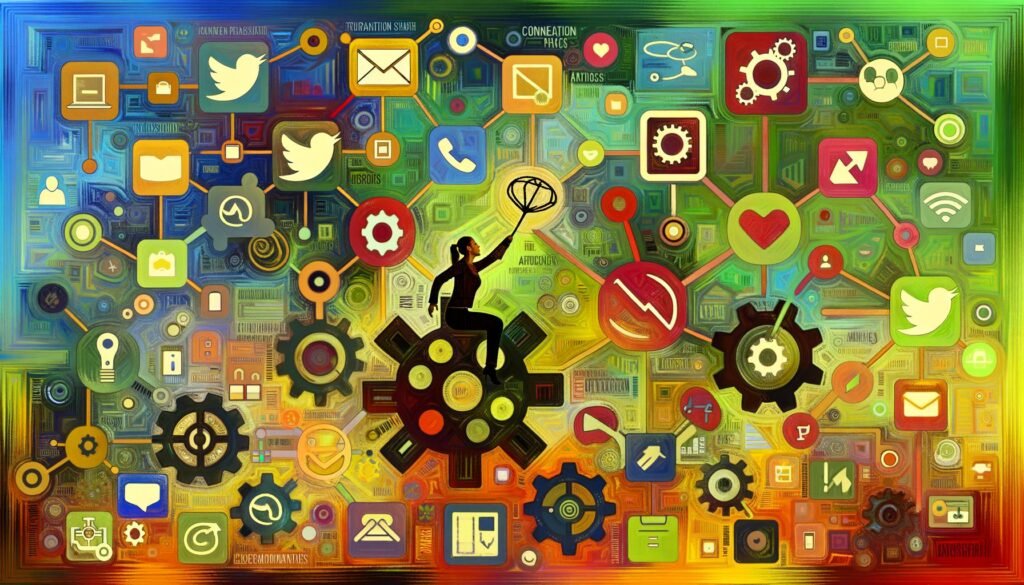 Illustration eines digitalen Creators, umgeben von Icons für Social Media, Payment Gateways, Analytik, Automatisierung und Workflows.