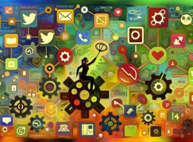 Illustration eines digitalen Creators, umgeben von Icons für Social Media, Payment Gateways, Analytik, Automatisierung und Workflows.