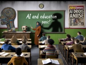 Lehrerin vor Tafel mit 'KI und Bildungspanik?', umgeben von Schülern mit Notizbüchern und Laptops in klassischem Klassenraum; Roboter-Schatten an der Wand, Bild-Zeitungen mit alarmierenden KI-Schlagzeilen im Vordergrund.