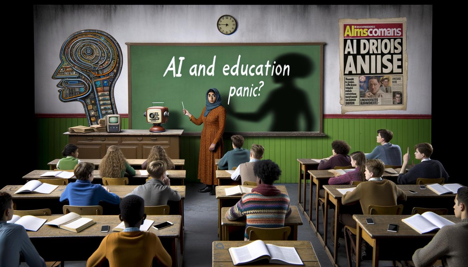 Lehrerin vor Tafel mit 'KI und Bildungspanik?', umgeben von Schülern mit Notizbüchern und Laptops in klassischem Klassenraum; Roboter-Schatten an der Wand, Bild-Zeitungen mit alarmierenden KI-Schlagzeilen im Vordergrund.