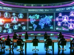 Futuristische Szene: Marketer und Tech-Spezialisten analysieren Social-Media-Daten an Multiscreen-Wänden mit KI-Diagrammen, leuchtender Glaswand und Hightech-Neonambiente.