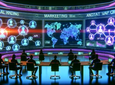 Futuristische Szene: Marketer und Tech-Spezialisten analysieren Social-Media-Daten an Multiscreen-Wänden mit KI-Diagrammen, leuchtender Glaswand und Hightech-Neonambiente.