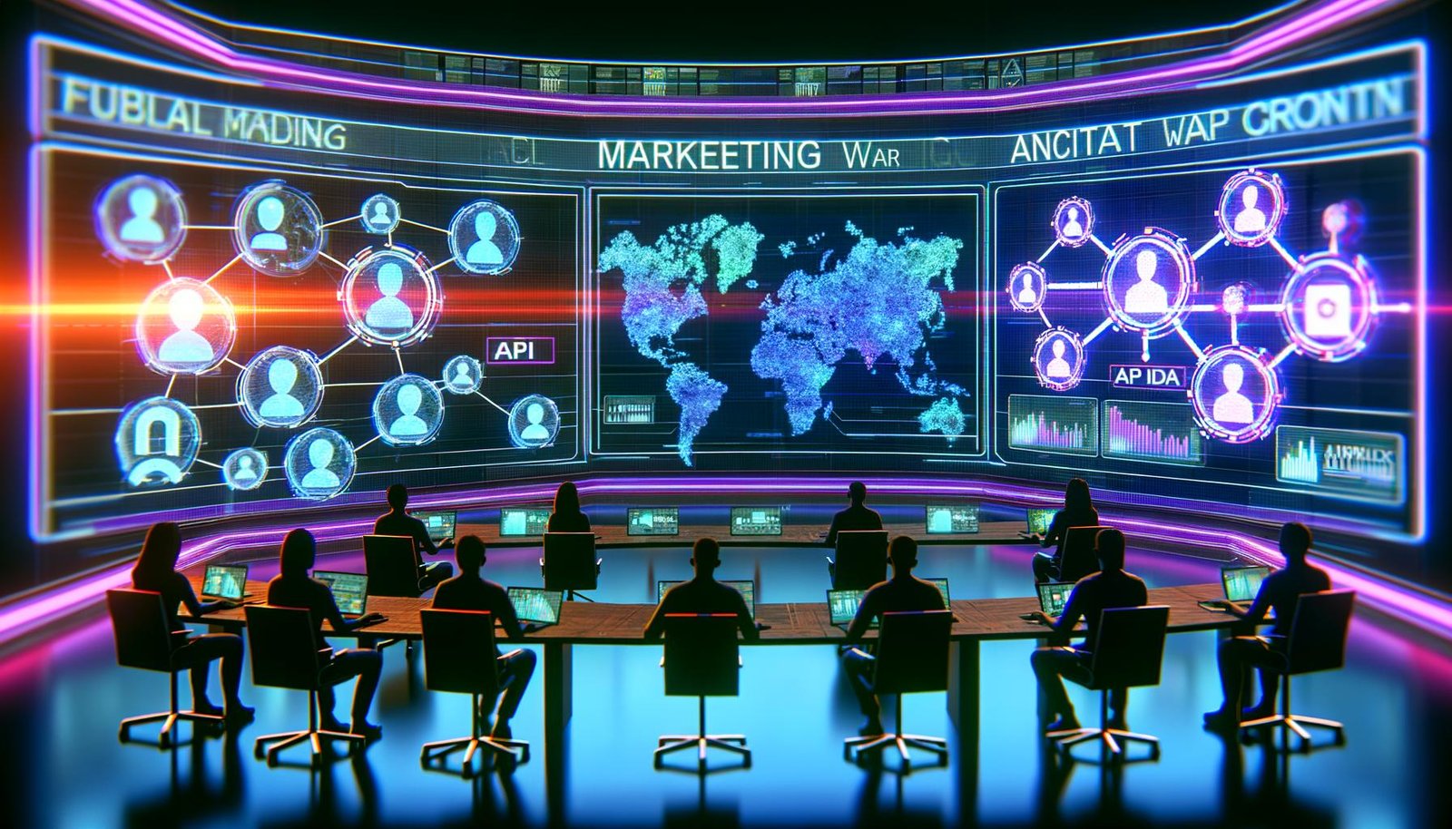 Futuristische Szene: Marketer und Tech-Spezialisten analysieren Social-Media-Daten an Multiscreen-Wänden mit KI-Diagrammen, leuchtender Glaswand und Hightech-Neonambiente.