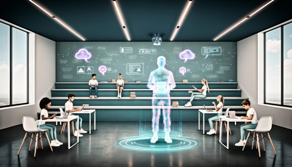 Digitale Schulklasse 2024 mit Hologramm-Lehrkraft, Schüler*innen an Tablets und Laptops in futuristischem Raum mit Lernstatistiken und KI-Interaktion.