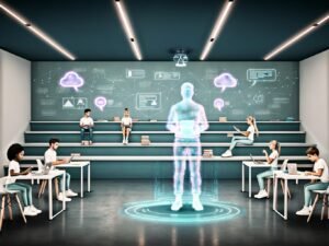 Digitale Schulklasse 2024 mit Hologramm-Lehrkraft, Schüler*innen an Tablets und Laptops in futuristischem Raum mit Lernstatistiken und KI-Interaktion.
