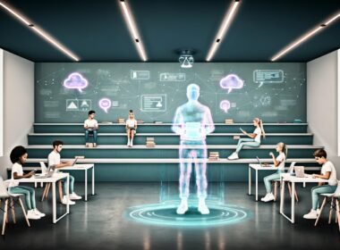 Digitale Schulklasse 2024 mit Hologramm-Lehrkraft, Schüler*innen an Tablets und Laptops in futuristischem Raum mit Lernstatistiken und KI-Interaktion.