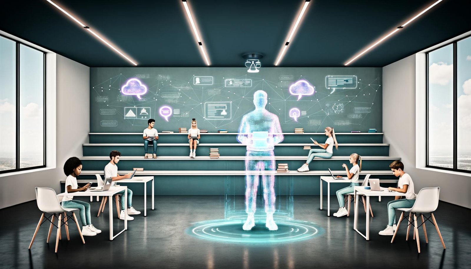 Digitale Schulklasse 2024 mit Hologramm-Lehrkraft, Schüler*innen an Tablets und Laptops in futuristischem Raum mit Lernstatistiken und KI-Interaktion.