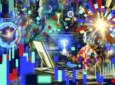 Redaktionelle Illustration eines chaotischen Tech-Arbeitsplatzes mit zahlreichen Dashboards und Performance-Experten, während eine fokussierte Figur ein minimalistisches Dashboard zur echten Optimierung betrachtet.