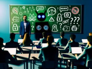 Nervöse Lehrkraft vor mit KI-Symbolen und Verbotsschildern bedeckter grüner Tafel, Schüler verstecken Laptops und Tablets, kalte Lichtstimmung, ChatGPT-Schatten im Hintergrund.