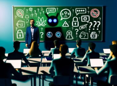 Nervöse Lehrkraft vor mit KI-Symbolen und Verbotsschildern bedeckter grüner Tafel, Schüler verstecken Laptops und Tablets, kalte Lichtstimmung, ChatGPT-Schatten im Hintergrund.