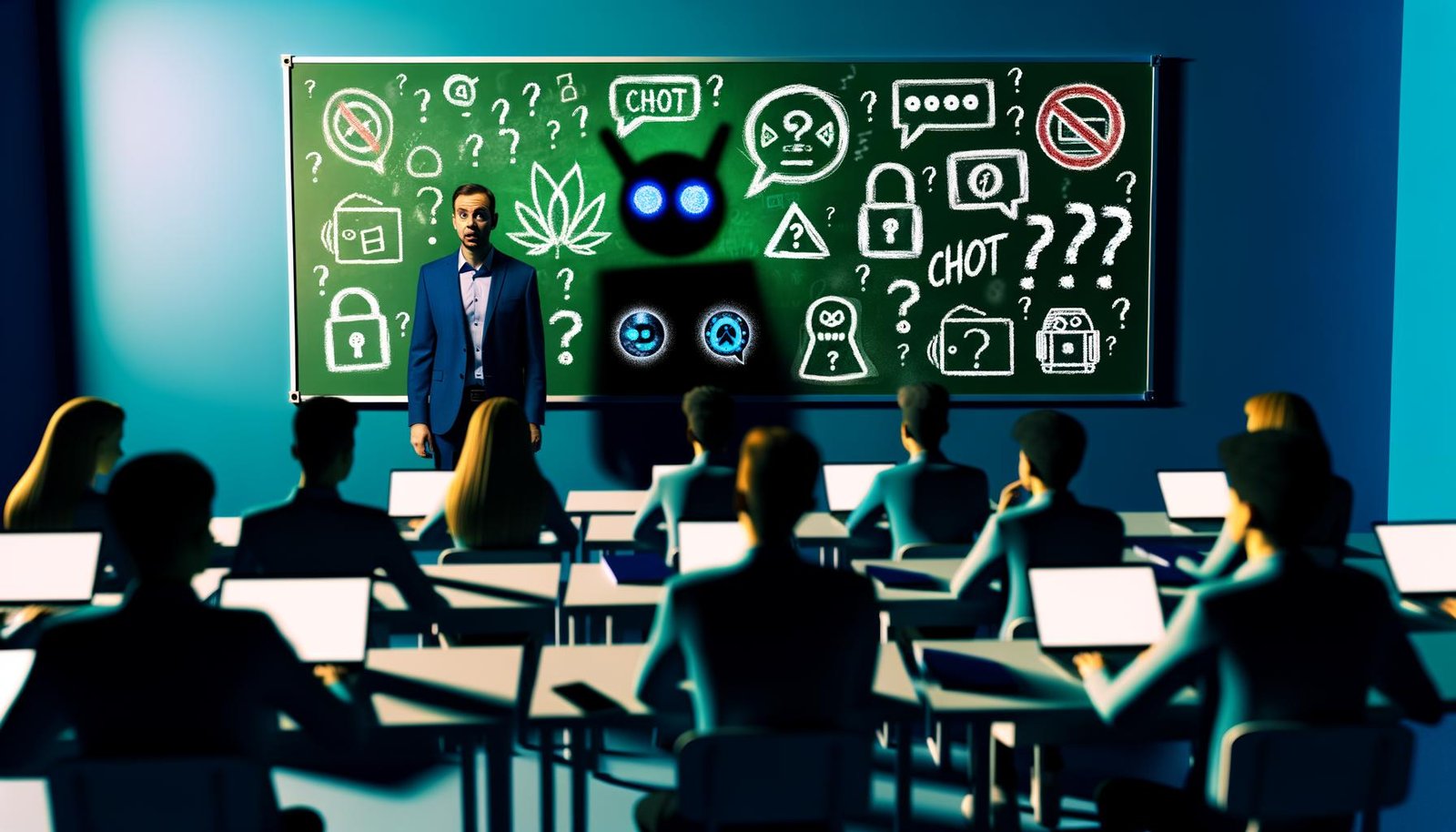 Nervöse Lehrkraft vor mit KI-Symbolen und Verbotsschildern bedeckter grüner Tafel, Schüler verstecken Laptops und Tablets, kalte Lichtstimmung, ChatGPT-Schatten im Hintergrund.