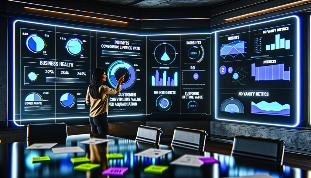 Moderner Arbeitsplatz mit dunklem Dashboard, das klare Marketing-KPIs anzeigt. Marketingfachkraft deutet auf prägnante Leistungskennzahlen, umgeben von Notizen wie 'Insights', 'ROI' und 'No Vanity Metrics'.