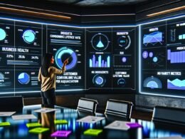 Moderner Arbeitsplatz mit dunklem Dashboard, das klare Marketing-KPIs anzeigt. Marketingfachkraft deutet auf prägnante Leistungskennzahlen, umgeben von Notizen wie 'Insights', 'ROI' und 'No Vanity Metrics'.