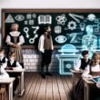 Traditionelles Klassenzimmer mit Kreidetafel und digitale Lernsymbole wie KI-Hologramme, Lehrer in historischer Kleidung diskutieren mit Schülern, die Laptops und Tablets nutzen.