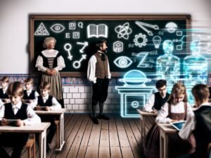 Traditionelles Klassenzimmer mit Kreidetafel und digitale Lernsymbole wie KI-Hologramme, Lehrer in historischer Kleidung diskutieren mit Schülern, die Laptops und Tablets nutzen.