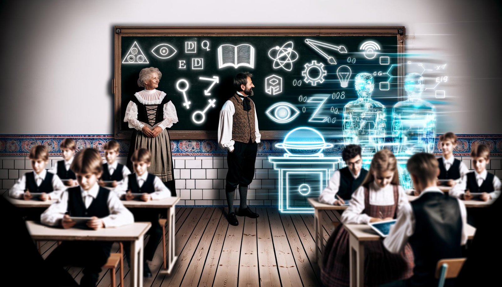 Traditionelles Klassenzimmer mit Kreidetafel und digitale Lernsymbole wie KI-Hologramme, Lehrer in historischer Kleidung diskutieren mit Schülern, die Laptops und Tablets nutzen.