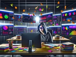 Marketerin im Hoodie analysiert konzentriert bunte Dashboards mit KPIs und Metriken, während im Hintergrund Konfetti für verbranntes Marketingbudget schwebt.