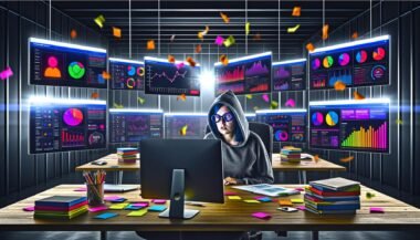 Marketerin im Hoodie analysiert konzentriert bunte Dashboards mit KPIs und Metriken, während im Hintergrund Konfetti für verbranntes Marketingbudget schwebt.