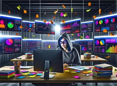 Marketerin im Hoodie analysiert konzentriert bunte Dashboards mit KPIs und Metriken, während im Hintergrund Konfetti für verbranntes Marketingbudget schwebt.