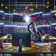 Marketerin im Hoodie analysiert konzentriert bunte Dashboards mit KPIs und Metriken, während im Hintergrund Konfetti für verbranntes Marketingbudget schwebt.